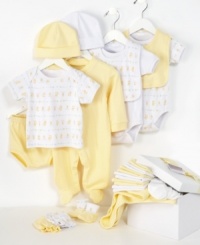 New parents will love this 22-piece starter set that is sure to get the sweet baby off to a cozy start. Set includes: 1 footed coverall; 1 diaper cover with elastic waist; 3 pairs of socks; 2 caps; 1 hooded towel; 2 short-sleeved bodysuits; 2 bibs; 2 pairs of mittens; 1 short sleeved tee; 6 washcloths and 1 pair of booties. New parents will love this 22-piece starter set that is sure to get the sweet baby off to a cozy start. Set includes: 1 footed coverall; 1 diaper cover with elastic waist; 3 pairs of socks; 2 caps; 1 hooded towel; 2 short-sleeved bodysuits; 2 bibs; 2 pairs of mittens; 1 short sleeved tee; 6 washcloths and 1 pair of booties.
