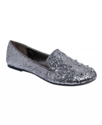Bold textures. Spike detailing on the vamp of Material Girl's Spike smoking flats really stands out against the intense glitter fabric. Bold textures. Spike detailing on the vamp of Material Girl's Spike smoking flats really stands out against the intense glitter fabric.