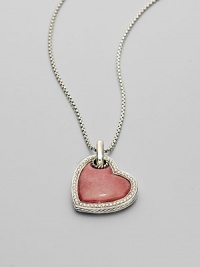 From the Heart Collection. A lovely rhodonite heart, edged with beautiful pavé diamonds and cable detailing, dangles gracefully from a sterling silver box chain. Rhodonite Diamonds, 0.38 tcw Sterling silver Chain length, about 18 Lobster clasp Imported From the Heart Collection. A lovely rhodonite heart, edged with beautiful pavé diamonds and cable detailing, dangles gracefully from a sterling silver box chain. Rhodonite Diamonds, 0.38 tcw Sterling silver Chain length, about 18 Lobster clasp Imported
