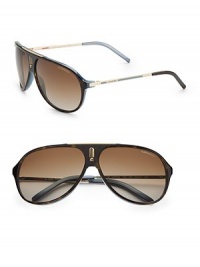 An acetate style with logo emblem at bridge. Available in black palladium with gray polor lens or havana blue/gold with brown polar lens. Logo temples 100% UV protection Imported An acetate style with logo emblem at bridge. Available in black palladium with gray polor lens or havana blue/gold with brown polar lens. Logo temples 100% UV protection Imported