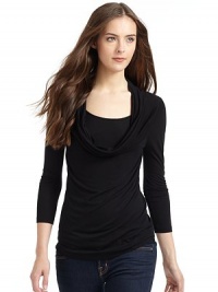 THE LOOKLayered designScoopneckCowlneck overlayThree-quarter length sleevesTHE FITAbout 25 from shoulder to hemTHE MATERIALViscoseCARE & ORIGINMachine washImportedModel shown is 5'9½ (176cm) wearing US size Small. THE LOOKLayered designScoopneckCowlneck overlayThree-quarter length sleevesTHE FITAbout 25 from shoulder to hemTHE MATERIALViscoseCARE & ORIGINMachine washImportedModel shown is 5'9½ (176cm) wearing US size Small.