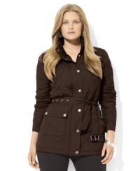 Cut for a classic fit from diamond-quilted microfiber, Lauren Ralph Lauren's belted plus size jacket is the ultimate in cool-weather style. Cut for a classic fit from diamond-quilted microfiber, Lauren Ralph Lauren's belted plus size jacket is the ultimate in cool-weather style.