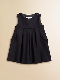 Rendered in an ultra-soft, ultra-cozy wool blend, this charmingly versatile frock can be worn alone or on top of her favorite blouse.Round necklineSleevelessShoulder buttonsSide zipperPleated empire waistRuffled back yokeSide button-flap pocketsFully lined60% wool/40% polyesterDry cleanImported Please note: Number of buttons may vary depending on size ordered. Rendered in an ultra-soft, ultra-cozy wool blend, this charmingly versatile frock can be worn alone or on top of her favorite blouse.Round necklineSleevelessShoulder buttonsSide zipperPleated empire waistRuffled back yokeSide button-flap pocketsFully lined60% wool/40% polyesterDry cleanImported Please note: Number of buttons may vary depending on size ordered.