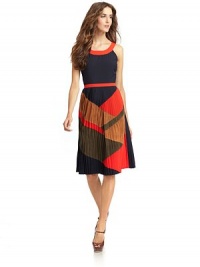 THE LOOKColorblock design with faux suede panelsRound necklineSleevelessBanded waist Pleated skirtBack keyhole with button closure Back zip closureTHE FITAbout 40 from shoulder to hemTHE MATERIALPolyester/spandexPartially linedCARE & ORIGINDry clean ImportedModel shown is 5'10 (177cm) wearing US size Small. THE LOOKColorblock design with faux suede panelsRound necklineSleevelessBanded waist Pleated skirtBack keyhole with button closure Back zip closureTHE FITAbout 40 from shoulder to hemTHE MATERIALPolyester/spandexPartially linedCARE & ORIGINDry clean ImportedModel shown is 5'10 (177cm) wearing US size Small.