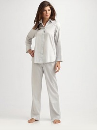 Experience the ultimate in luxury with this smooth cotton sateen two-piece set in a timeless silhouette. Shirt collarLong sleevesButton front closureBack pleatingHigh-low hemElastic waistbandInseam, about 32Laundered cotton sateenMachine washImported Experience the ultimate in luxury with this smooth cotton sateen two-piece set in a timeless silhouette. Shirt collarLong sleevesButton front closureBack pleatingHigh-low hemElastic waistbandInseam, about 32Laundered cotton sateenMachine washImported