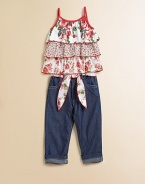 Tiers of ruffles add flair to this colorful knit with flowers and polka dots.ScoopneckSpaghetti strapsBack button closureCottonMachine washImported of domestic fabric
