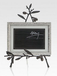 Symbolizing peace and harmony, the olive branch and its shapely leaves intertwine to form a striking easel frame. From the Olive Branch CollectionOxidized nickelplate8 X 8.25Wipe clean with a soft clothImported Symbolizing peace and harmony, the olive branch and its shapely leaves intertwine to form a striking easel frame. From the Olive Branch CollectionOxidized nickelplate8 X 8.25Wipe clean with a soft clothImported