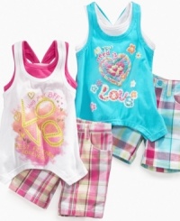 XOXO. She'll enjoy showing off her affectionate side in one of these cute tank and plaid short sets from Nannette.