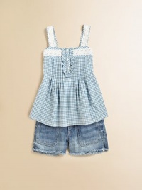 Delicate lace trim adorns the shoulder straps and neckline of the pretty blouse, rendered in a bright gingham check for preppy warm-weather style.SquareneckWide strapsFront buttonsPintucked bodiceRear smockingFlared hemCottonMachine washImported Please note: Number of buttons may vary depending on size ordered. Delicate lace trim adorns the shoulder straps and neckline of the pretty blouse, rendered in a bright gingham check for preppy warm-weather style.SquareneckWide strapsFront buttonsPintucked bodiceRear smockingFlared hemCottonMachine washImported Please note: Number of buttons may vary depending on size ordered.