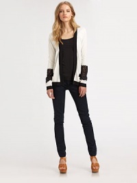 Bold colorblock pairs with sheer lace trim in this dynamic open-front knit.Long sleevesWelt pocketStraight hemAbout 23 from shoulder to hem80% rayon/20% nylonDry cleanImportedModel shown is 5'10 (177cm) wearing US size Small. Bold colorblock pairs with sheer lace trim in this dynamic open-front knit.Long sleevesWelt pocketStraight hemAbout 23 from shoulder to hem80% rayon/20% nylonDry cleanImportedModel shown is 5'10 (177cm) wearing US size Small.