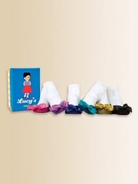 Six pairs of jewel toned, ballet flat-printed socks, adorned with satin bows and packaged in an adorable keepsake box.80% cotton/17% acrylic/3% spandexMachine washImported