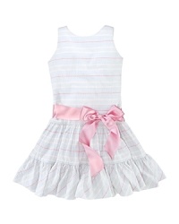 A charmingly traditional dress in multi-striped cotton seersucker has a pretty, full skirt with a petticoat and ribbon sash. A charmingly traditional dress in multi-striped cotton seersucker has a pretty, full skirt with a petticoat and ribbon sash.