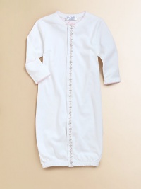 This soft cotton one-piece can be converted from a gown to legs.Picot trimVine-trimmed front snap closuresElastic at anklesMachine washCottonImported This soft cotton one-piece can be converted from a gown to legs.Picot trimVine-trimmed front snap closuresElastic at anklesMachine washCottonImported