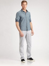 Classic chambray sportshirt, blends effortlessly into your seasonal wardrobe, delicately woven in a rich, linen and cotton blend with roll tabs for sleeve rolling.Button-frontChest patch pocket55% linen/45% cottonDry cleanImported Classic chambray sportshirt, blends effortlessly into your seasonal wardrobe, delicately woven in a rich, linen and cotton blend with roll tabs for sleeve rolling.Button-frontChest patch pocket55% linen/45% cottonDry cleanImported
