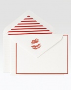 This flirty set of crisp white cards is tailored with a red border and sealed with a kiss. No need to pucker up to extend the sweet sentiment, there's a pair of lips (in perfect red lipstick, no less) letterpressed on the flap of each lined envelope.Includes 10 cards Accompanied by matching lined envelopes Each, 6¾W X 4¾H X 1W Hand-bordered Cotton fiber paper Made in USA