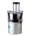 Relish in 1 quart of fresh juice in 1 minute with this high-powered extractor, featuring a large feed tube that makes cutting and slicing of whole fruits unnecessary! Centrifugal juicing separates pulp out into the patented collecting system for easy removal and cleanup. 1-year warranty. Model DJE950.