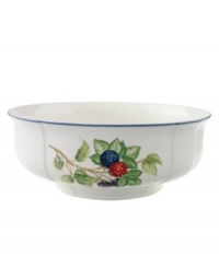 The Cottage Inn round vegetable bowl is a colorful addition to the sophisticated table. Lush, dancing clusters of ripened blueberries, raspberries and cherries are a stunning contrast on creamy white porcelain and lend every meal a touch of traditional elegance. The Cottage Inn round vegetable bowl is a colorful addition to the sophisticated table. Lush, dancing clusters of ripened blueberries, raspberries and cherries are a stunning contrast on creamy white porcelain and lend every meal a touch of traditional elegance.