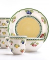 Bring the lush bounty of the French countryside to your table with this vibrant dinnerware and dishes set from Villeroy & Boch. Fresh summer fruits and leaf garlands adorn scalloped porcelain in pale, soothing hues.