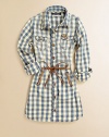 She'll be a little bit country in this adorable plaid shirt dress with patch pockets and a studded leather belt. Point collarButton frontLong sleeves with button cuffsFront button flap chest pocketsSide slash pockets with leather trimStudded leather self-tie beltCottonMachine washImported