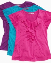A simple twist. With a fresh reinvention of the polka dot print, this ruffle top from Epic Threads does everything right to add a new accent to her style. A simple twist. With a fresh reinvention of the polka dot print, this ruffle top from Epic Threads does everything right to add a new accent to her style.