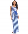 ECI adds an intriguing twist to this summery maxi--a solid, seamed panel at the waist swaps the direction of stripes for a kick of contrast at the bodice and skirt.