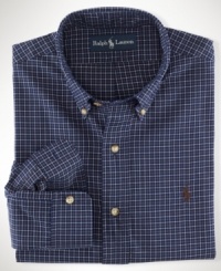 Ralph Lauren's custom-fit button-down is constructed with a polished check pattern on comfortable cotton twill. Ralph Lauren's custom-fit button-down is constructed with a polished check pattern on comfortable cotton twill.