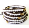 Chan Luu Mother of Pearl and Gold Skulls Wrap Bracelet on Brown Leather