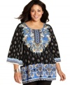 A mixed printed vitalizes Alfani's three-quarter sleeve plus size tunic top, finished by a beaded front-- complete the look with leggings.