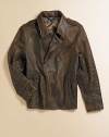 The Sierra leather jacket combines luxurious and rugged details for iconic heritage style.Pointed collarLong sleeves with single-button cuffsAsymmetrical front zipVentilating underarm grommetsAngled zip pocketsSlanted hand pocketsAdjustable side bucklesInterior chest pocketFully linedLeatherHand washImported