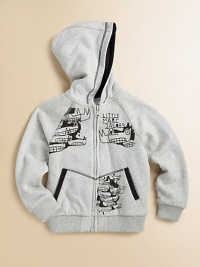 Cushy and cozy in plush cotton knit, with creatures great and small leering on the front.Attached hood with contrast topstitchingBold front zipperRaglan sleeves with ribbed cuffsSplit kangaroo pockets with contrast trimRibbed bottomContrast jersey liningCottonMachine washImported Cushy and cozy in plush cotton knit, with creatures great and small leering on the front.Attached hood with contrast topstitchingBold front zipperRaglan sleeves with ribbed cuffsSplit kangaroo pockets with contrast trimRibbed bottomContrast jersey liningCottonMachine washImported