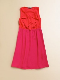 A classic A-line frock is given an update in a colorblock design with ruffled v-neck for a pretty, girlie touch.Ruffled v-neckSleevelessPullover styleElastic waistbandPolyesterHand washMade in the USA of imported A classic A-line frock is given an update in a colorblock design with ruffled v-neck for a pretty, girlie touch.Ruffled v-neckSleevelessPullover styleElastic waistbandPolyesterHand washMade in the USA of imported