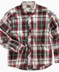 Put some flannel into his fall rotation to add a unique and cozy look with this Tommy Hilfiger plaid shirt. Put some flannel into his fall rotation to add a unique and cozy look with this Tommy Hilfiger plaid shirt.