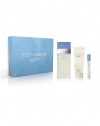 Set includes: DG Light Blue eau de toilette, 3.3 oz.; body cream, 3.3 oz. and travel spray, 0.25 oz. Made in France. 