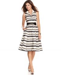 Jones New York's dress is full of summertime charm with it's nautically inspired stripe and classic A-line silhouette. A matching belt makes for a flattering silhouette! Jones New York's dress is full of summertime charm with it's nautically inspired stripe and classic A-line silhouette. A matching belt makes for a flattering silhouette!