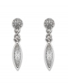 Perfect your look with pristine sparkle and shine. Swarovski earrings feature marquise-cut crystal drops suspended from a crystal-coated stud. Set in silver tone mixed metal. Approximate drop: 1-1/4 inches.