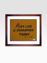 Lou Holtz is one of the greats when it comes to college football coaches. He coached six different teams and led Notre Dame to an NCAA Championship in 1988. Retiring with 242 career wins, Holtz's quick wit and ability to inspire players continues to live on today. Capture his winning determination with this hand-signed print displayed in a handsome wood frame.Steiner Sports Certificate of Authenticity includedHand signed24 X 21 wood frameKeep out of sunlightMade in USA Lou Holtz is one of the greats when it comes to college football coaches. He coached six different teams and led Notre Dame to an NCAA Championship in 1988. Retiring with 242 career wins, Holtz's quick wit and ability to inspire players continues to live on today. Capture his winning determination with this hand-signed print displayed in a handsome wood frame.Steiner Sports Certificate of Authenticity includedHand signed24 X 21 wood frameKeep out of sunlightMade in USA