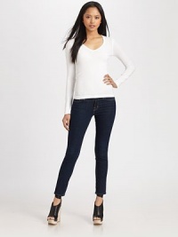 A classic V-neck tee in soft pima cotton, textured with allover fine ribbing. V-neckline Long sleeves 1x1 ribbing About 26 from shoulder to hem Pima cotton/modal; machine wash Made in USA A classic V-neck tee in soft pima cotton, textured with allover fine ribbing. V-neckline Long sleeves 1x1 ribbing About 26 from shoulder to hem Pima cotton/modal; machine wash Made in USA