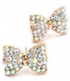 Adorable Pretty Princess Bow Stud Earrings with Sparkling AB Austrian Crystals - Gold Plated