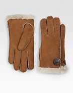 Keep your hands warm in this perforated shearling sheepskin design in soft suede or supple leather with button loop detail. About 8½ long Imported Fur origin: Spain