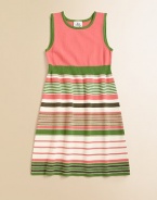 A sweet and colorful design with multi-colored stripes and a ribbed waistband. Scoop neckSleevelessPull-on styleRibbed waistbandA-line skirt72% viscose/28% elastaneDry cleanImported Additional InformationKid's Apparel Size Guide 