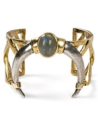 Statement cuffs remain a major trend. Make a bold, bejeweled statement with this open weave cuff from House of Harlow 1960, accented by a silver horn. Statement cuffs remain a major trend. Make a bold, bejeweled statement with this open weave cuff from House of Harlow 1960, accented by a silver horn.