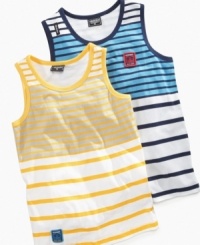 Walk the line. He'll have no trouble keeping in step with style and comfort in one of these striped tanks from Akademiks. Walk the line. He'll have no trouble keeping in step with style and comfort in one of these striped tanks from Akademiks.