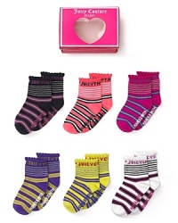 Arriving in a sweet heart box, this giftable socks set contains six pairs of different color stripe socks, each marked with a day of the week. Arriving in a sweet heart box, this giftable socks set contains six pairs of different color stripe socks, each marked with a day of the week.