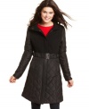 BCX brings chic style to the puffer coat with a belted waist and mixed fabric design.