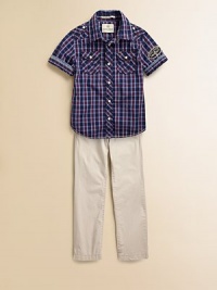Rugged and stylish at the same time, this wear-everywhere plaid shirt has cool written all over it.Point collarShort sleeves with snapped cuffsSnap placketTwo flap snap chest pocketsEmbroidery on sleeveSnap epaulettesBack embroideryStitched detail at hemCottonMachine washImported Please note: Number of buttons/snaps may vary depending on size ordered. Rugged and stylish at the same time, this wear-everywhere plaid shirt has cool written all over it.Point collarShort sleeves with snapped cuffsSnap placketTwo flap snap chest pocketsEmbroidery on sleeveSnap epaulettesBack embroideryStitched detail at hemCottonMachine washImported Please note: Number of buttons/snaps may vary depending on size ordered.