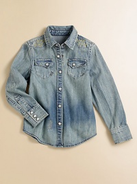 Little cowgirls will love this distressed denim shirt, complete with decorative stitching and embellished snaps for an authentic Wild, Wild West style.Pointed collarLong sleeves with three-snap barrel cuffsSnap-frontTwo snap-patch pocketsShirttail hemCottonMachine washImported Please note: Number of buttons/snaps may vary depending on size ordered. Little cowgirls will love this distressed denim shirt, complete with decorative stitching and embellished snaps for an authentic Wild, Wild West style.Pointed collarLong sleeves with three-snap barrel cuffsSnap-frontTwo snap-patch pocketsShirttail hemCottonMachine washImported Please note: Number of buttons/snaps may vary depending on size ordered.