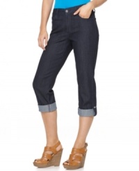 Capris in a dark wash are super-flattering from Not Your Daughter's Jeans. Rhinestone button tabs add a little extra bling to casual days! Capris in a dark wash are super-flattering from Not Your Daughter's Jeans. Rhinestone button tabs add a little extra bling to casual days!