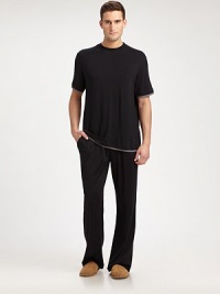 Luxurious jersey knit classic tee with contrast double layer detail at hem and sleeves.Crewneck96% rayon/4% spandexMachine washImported Luxurious jersey knit classic tee with contrast double layer detail at hem and sleeves.Crewneck96% rayon/4% spandexMachine washImported