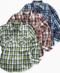 Prep his school style with this cool and comfortable plaid shirt from 82Zero by Greendog. Prep his school style with this cool and comfortable plaid shirt from 82Zero by Greendog.