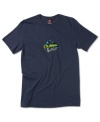 Solid color t-shirt by Quiksilver with a splash of neon graphic on front and back.